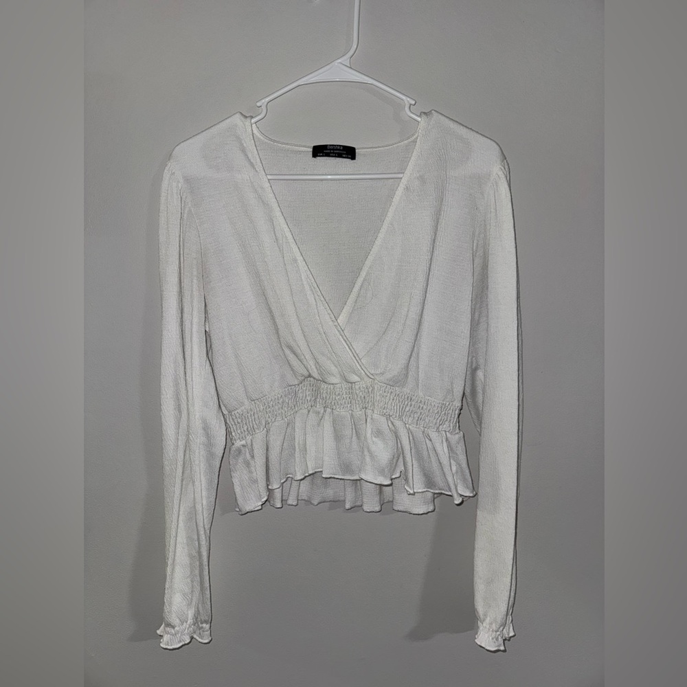 Bershka White Smocked Waist Surplice Peplum Blouse